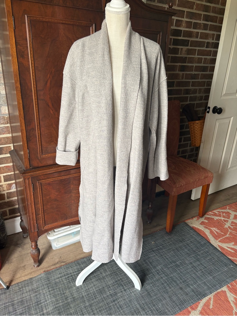 Women's Dove Gray Long Open Front Wrap Coat with Shawl Collar